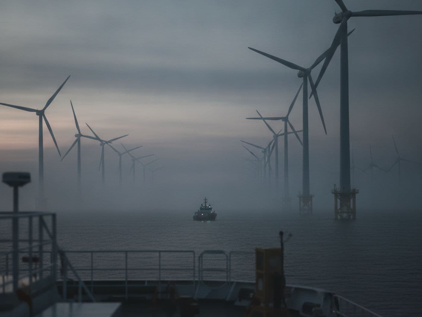 The deck of a service vessel looking out at an offshore wind farm in morning haze
